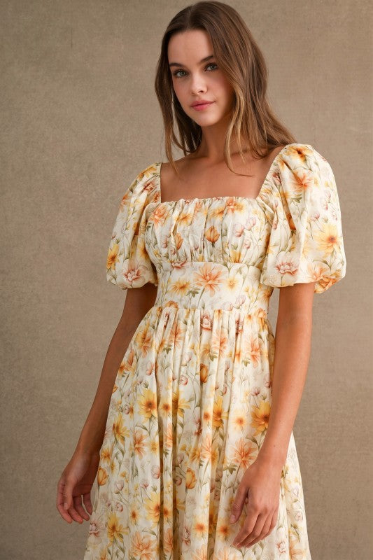 FLORAL PRINT SQUARE NECK PUFF SLEEVE MIDI DRESS
