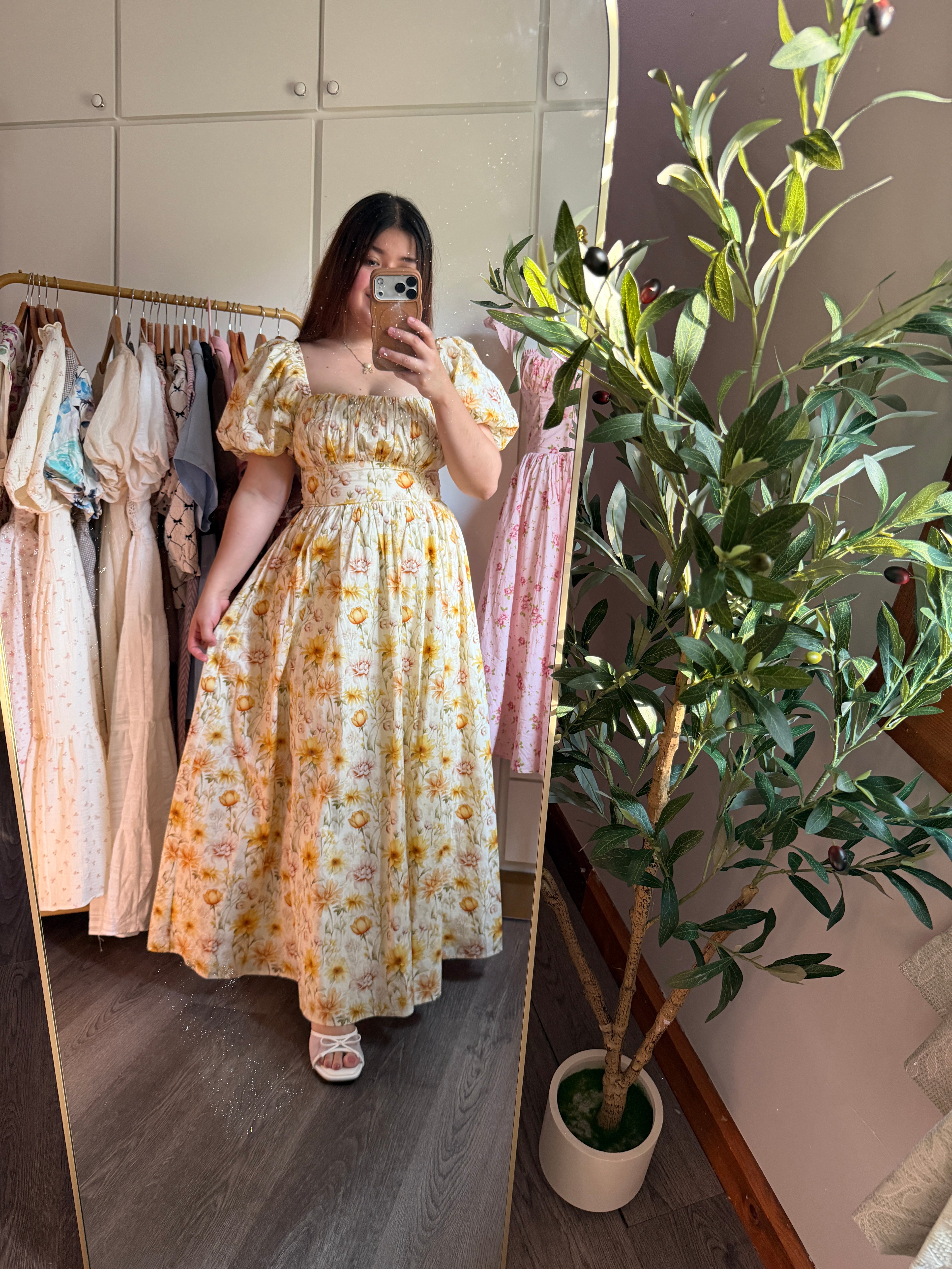 FLORAL PRINT SQUARE NECK PUFF SLEEVE MIDI DRESS