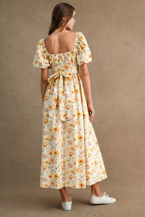 FLORAL PRINT SQUARE NECK PUFF SLEEVE MIDI DRESS