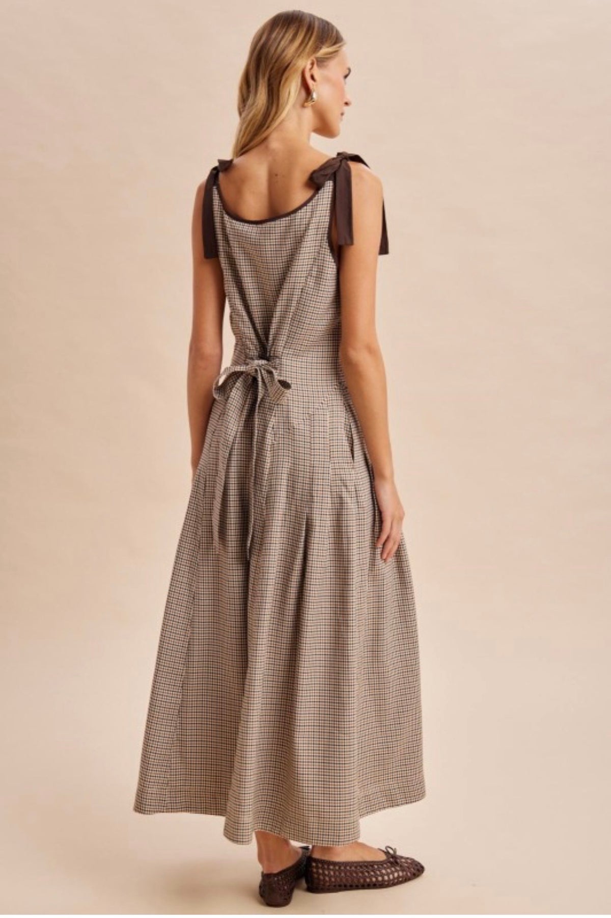 CHECKERED RIBBON TIE MAXI DRESS